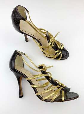 Alexandra Neel Sandals Brown Gold Leather Heels Strappy Italy Women's 39 US 9